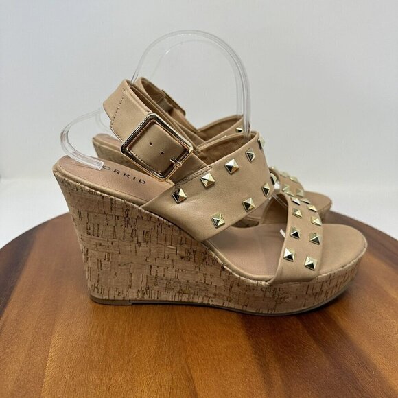 Torrid Studded Double Strap Platform Sandals Wedge Size 11WW Tan Extra Wide Cork - Picture 1 of 13